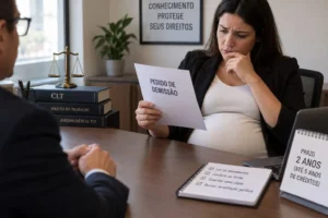 Trabalhadora grávida lê um pedido de demissão durante consulta com advogado trabalhista