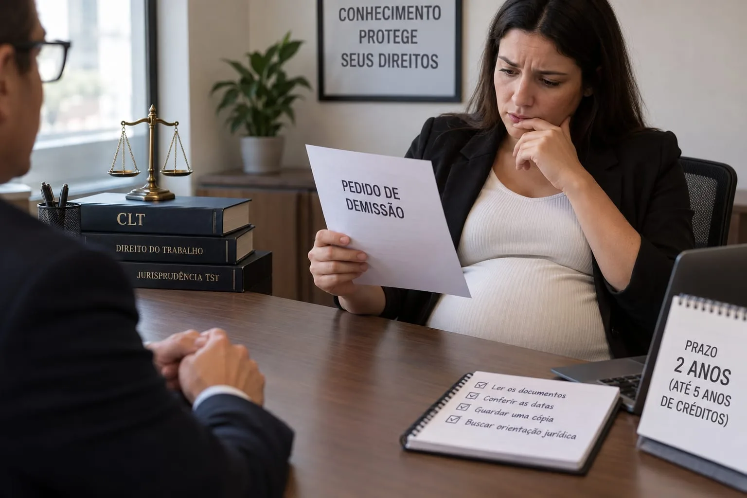 Trabalhadora grávida lê um pedido de demissão durante consulta com advogado trabalhista