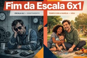 Fim da escala 6x1: trabalhador exausto à esquerda e família no parque à direita, ilustrando a Emenda Constitucional 141