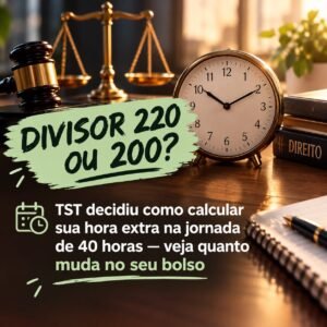 Divisor 220 ou 200: martelo, balança da justiça e relógio sobre a mesa, ilustrando o cálculo da hora extra na jornada de 40 horas