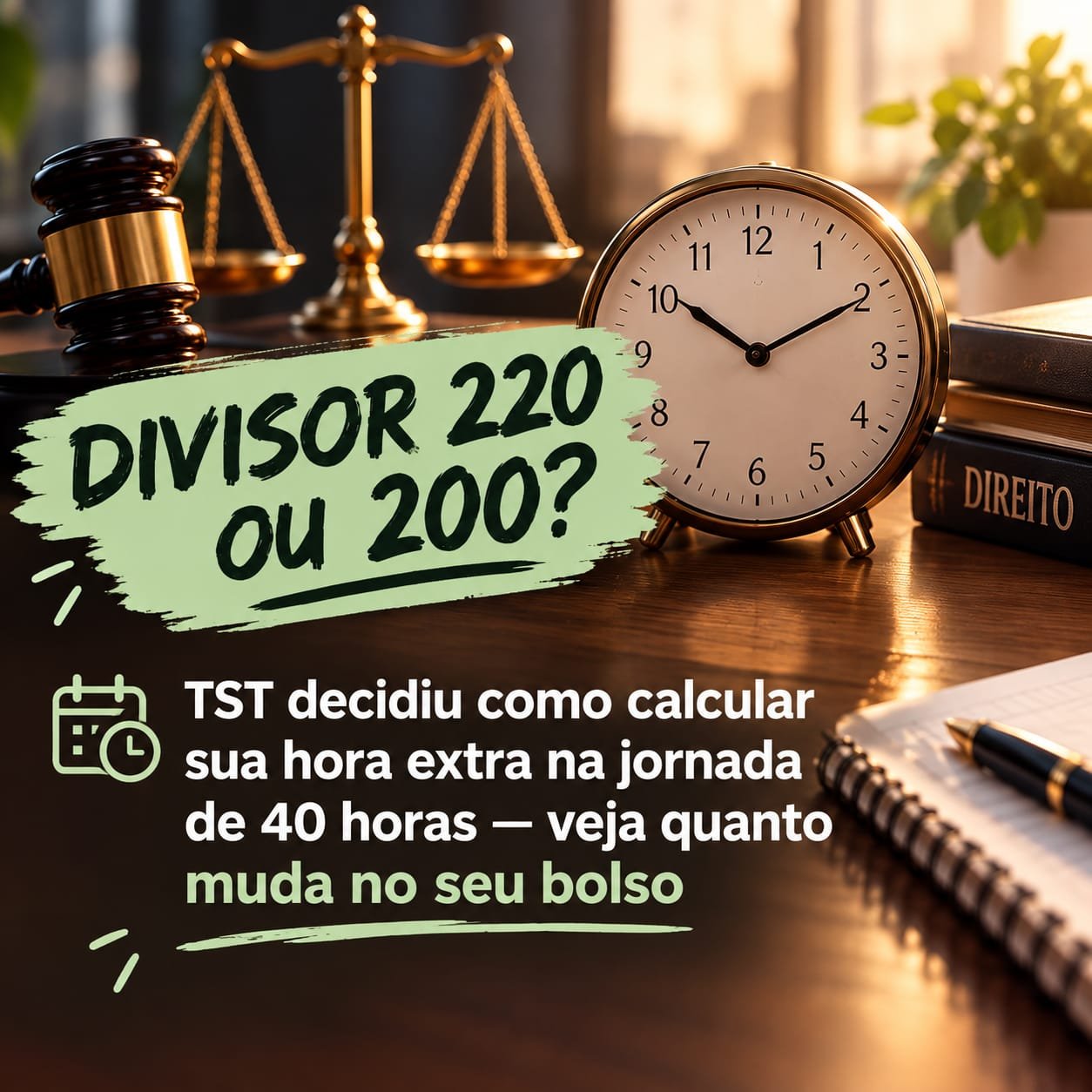 Divisor 220 ou 200: martelo, balança da justiça e relógio sobre a mesa, ilustrando o cálculo da hora extra na jornada de 40 horas