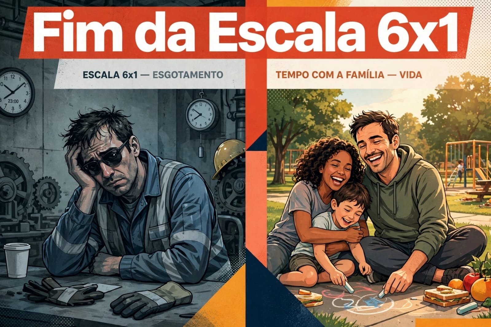 Fim da escala 6x1: trabalhador exausto à esquerda e família no parque à direita, ilustrando a Emenda Constitucional 141